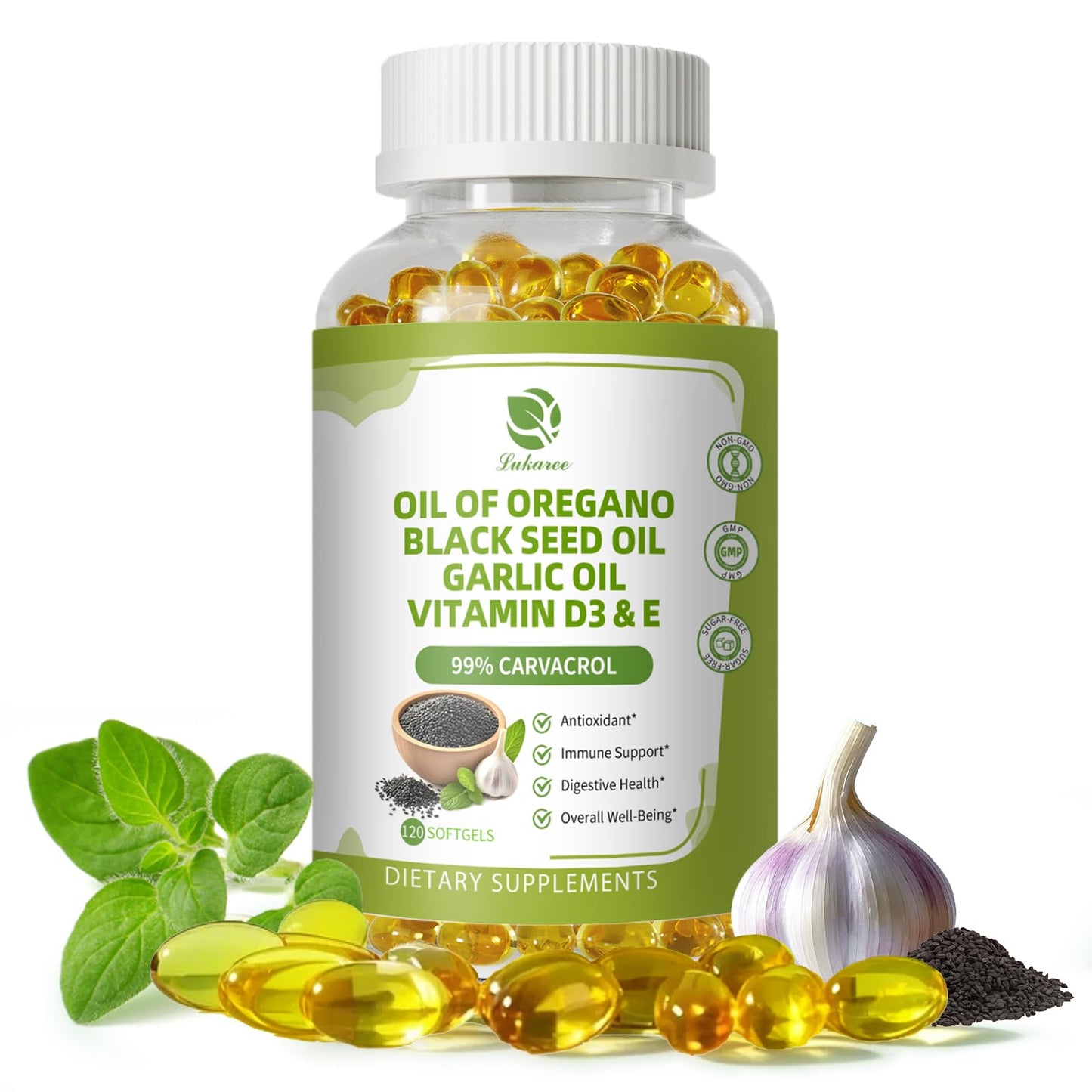 Lukaree Organic Oregano Oil Capsules with Black Seed & Garlic Oils, 99% Carvacrol – Antioxidant, Immune & Digestive Support