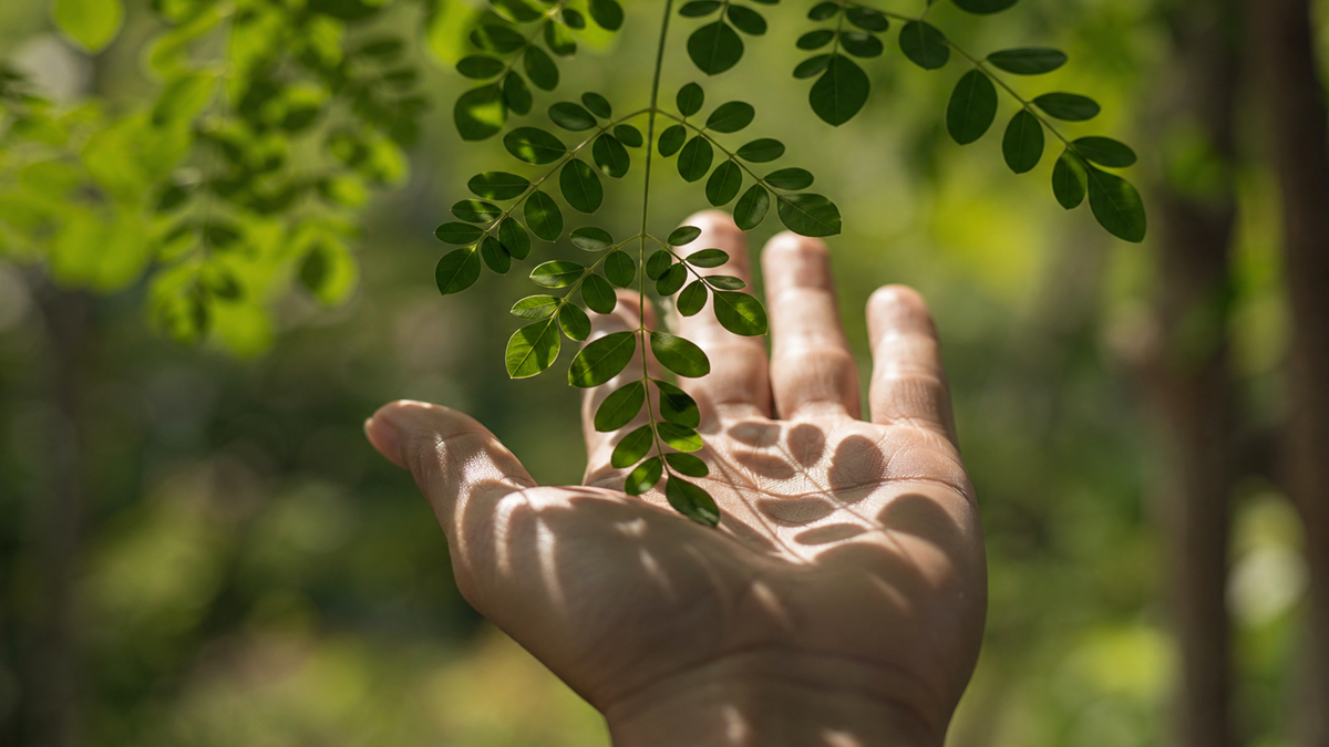 Hand holding fresh moringa oleifera leaves natural organic superfood plant