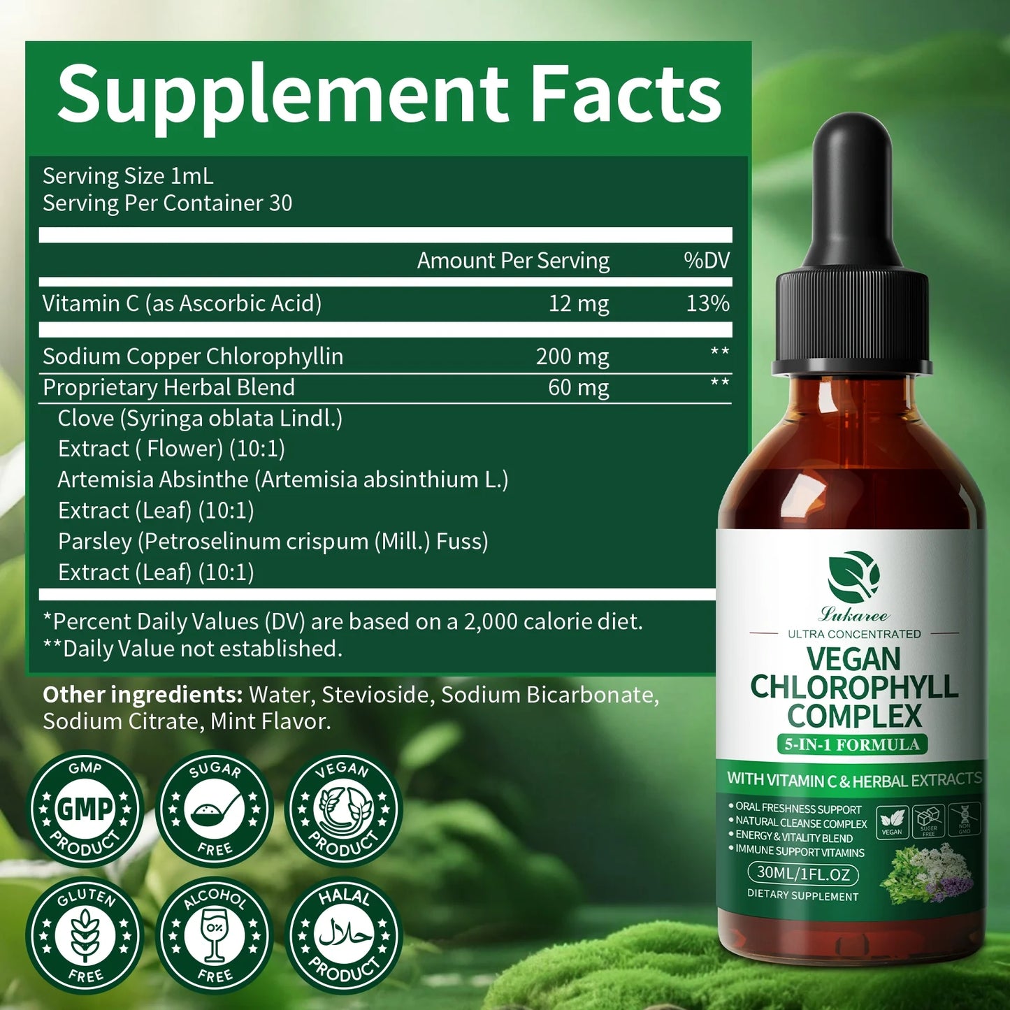 Vegan Chlorophyll Liquid Drops 200mg, Advanced Liquid Chlorophyll for Natural Cleansing & Immune Health, Internal Deodorant, Skin & Gut Health, Sugar-Free, Non-GMO, 1 Fl Oz - Mint Flavor