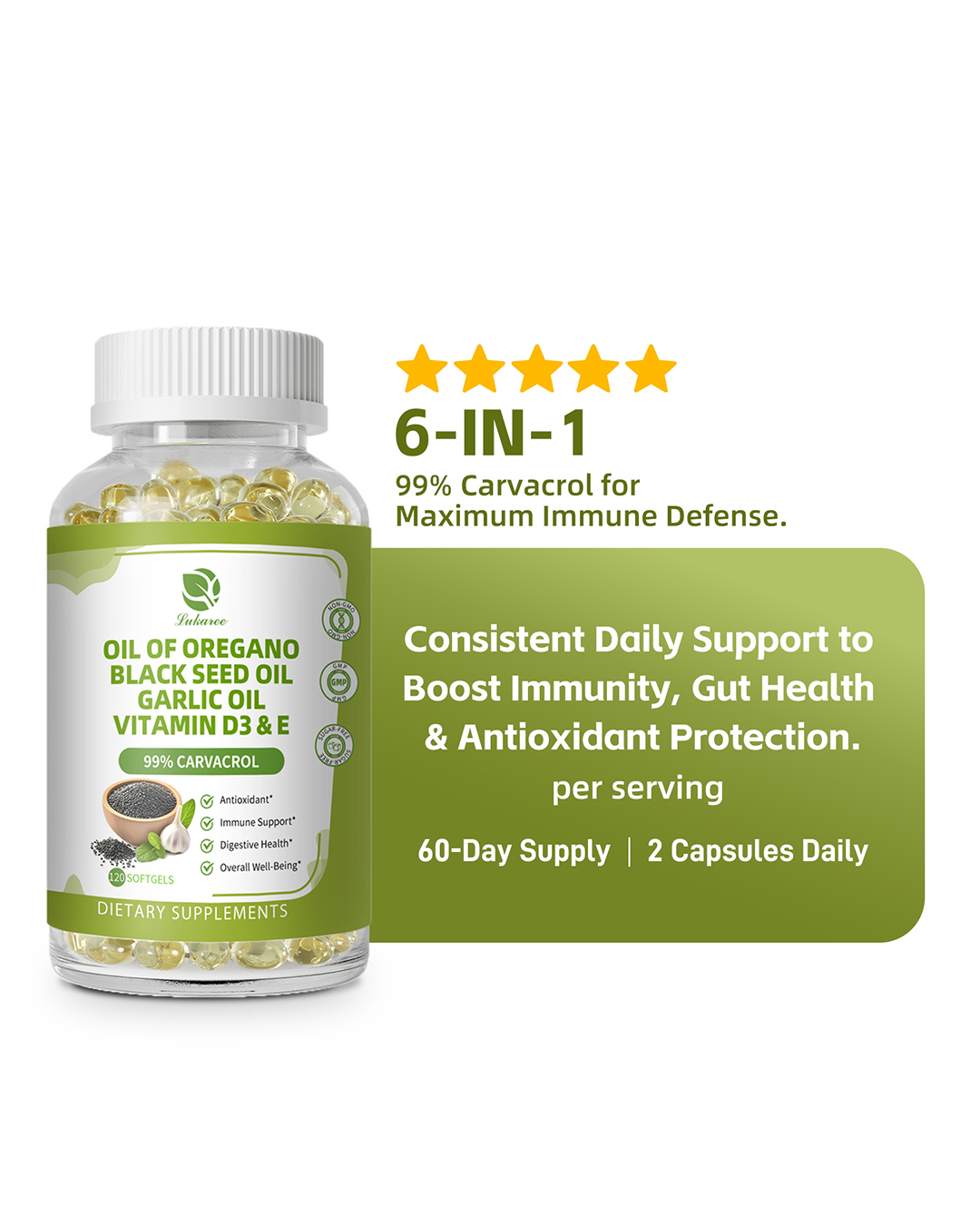 Oregano Oil with Black Seed Oil, Garlic Oil  • 120 Softgels