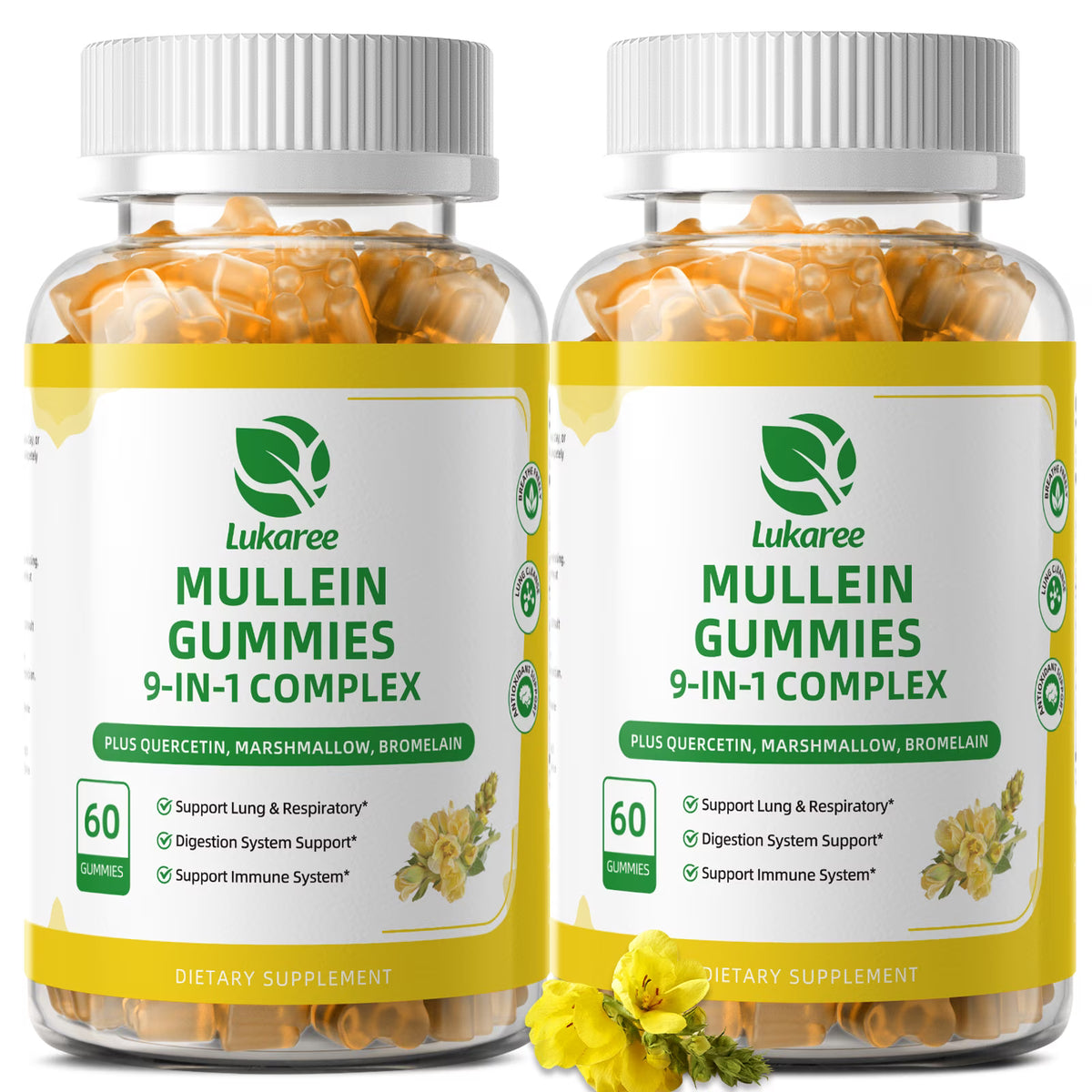 (2 Pack)Mullein Gummies for Lungs – Mullein Supplement with Quercetin, Elderberry for Respiratory & Immune Support, Lung Breathing & Detox, 60 Pineapple Gummies