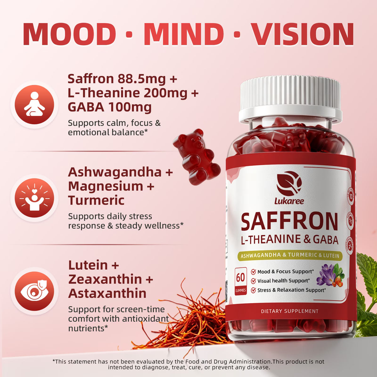 Lukaree Saffron Gummies with L-Theanine & GABA, Ashwagandha, Turmeric, Lutein & Zeaxanthin for Mood, Focus & Eye Support, 60 Vegan Gummies