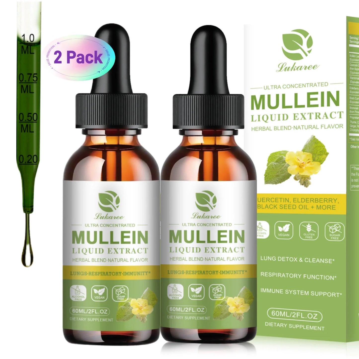 Mullein Drops for Lungs 600,000‬mg, Lung Detox & Cleanse, 16 in 1 Vegan Mullein Leaf Extract Tincture with Chlorophyll, Elderberry, etc, Natural Herbal Supplement for Respiratory, Immune, 60 Servings