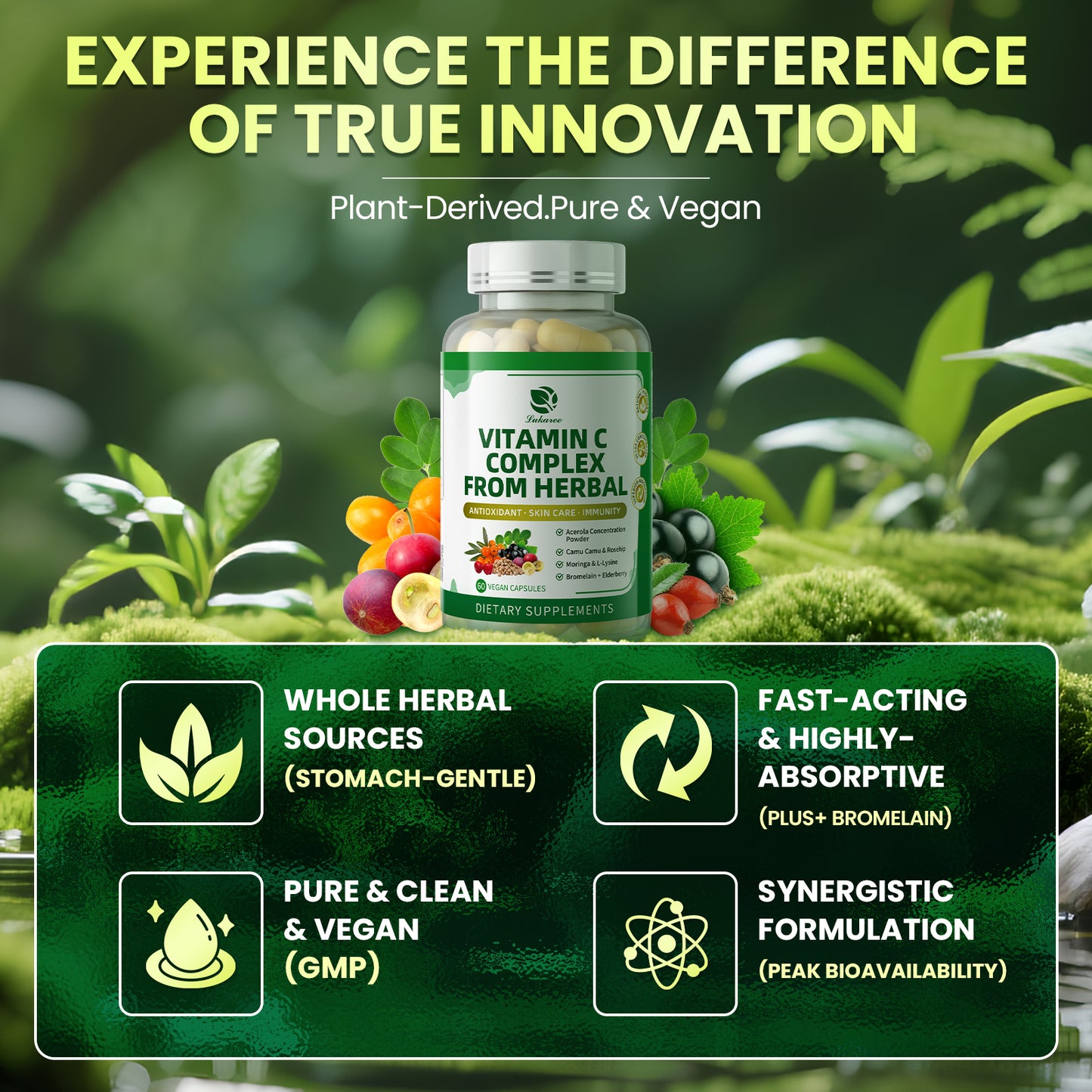 Lukaree Whole-Food Vitamin C Supplement, 6 High-Potency Herbal Vitamin C Complex with L-Lysine for Natural Collagen Production, Skin & Immune Support