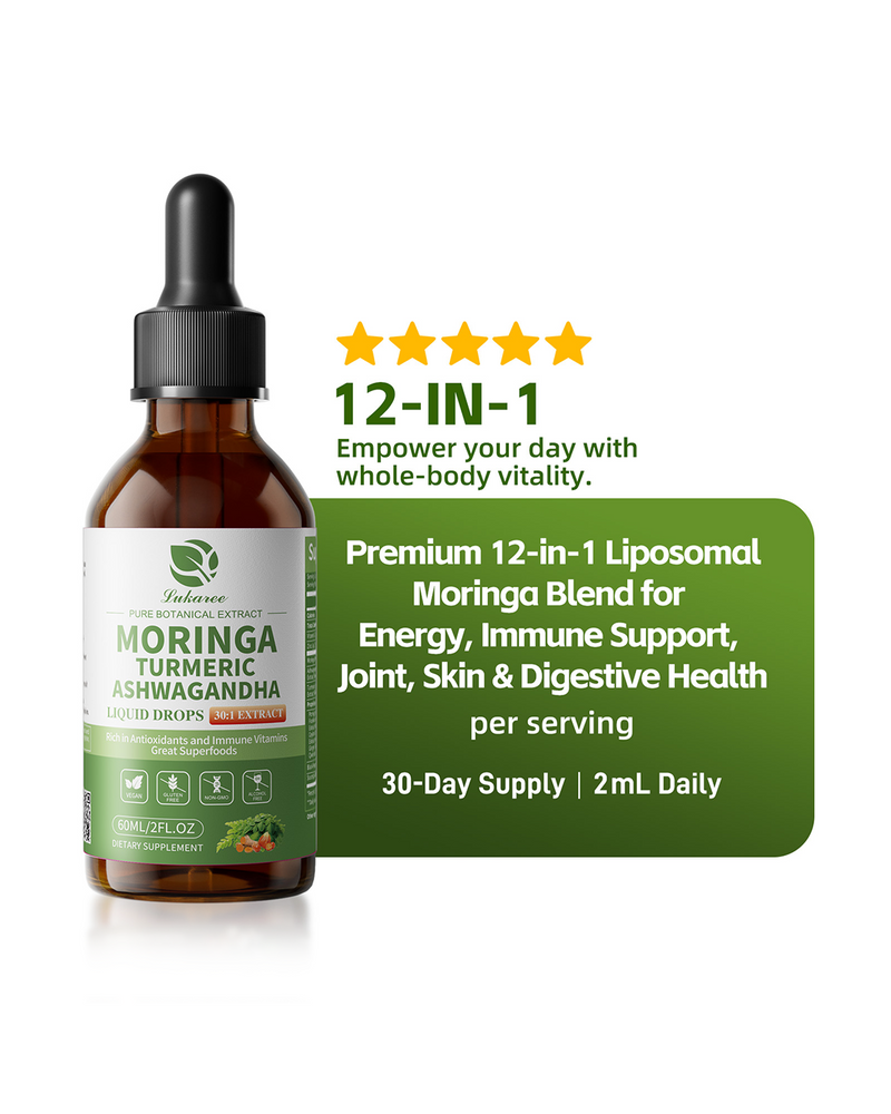 Lukaree 12-in-1 Liposomal Moringa Leaf Drops with Ashwagandha, Turmeric & Quercetin – 60ml | 98% Absorption for Energy, 