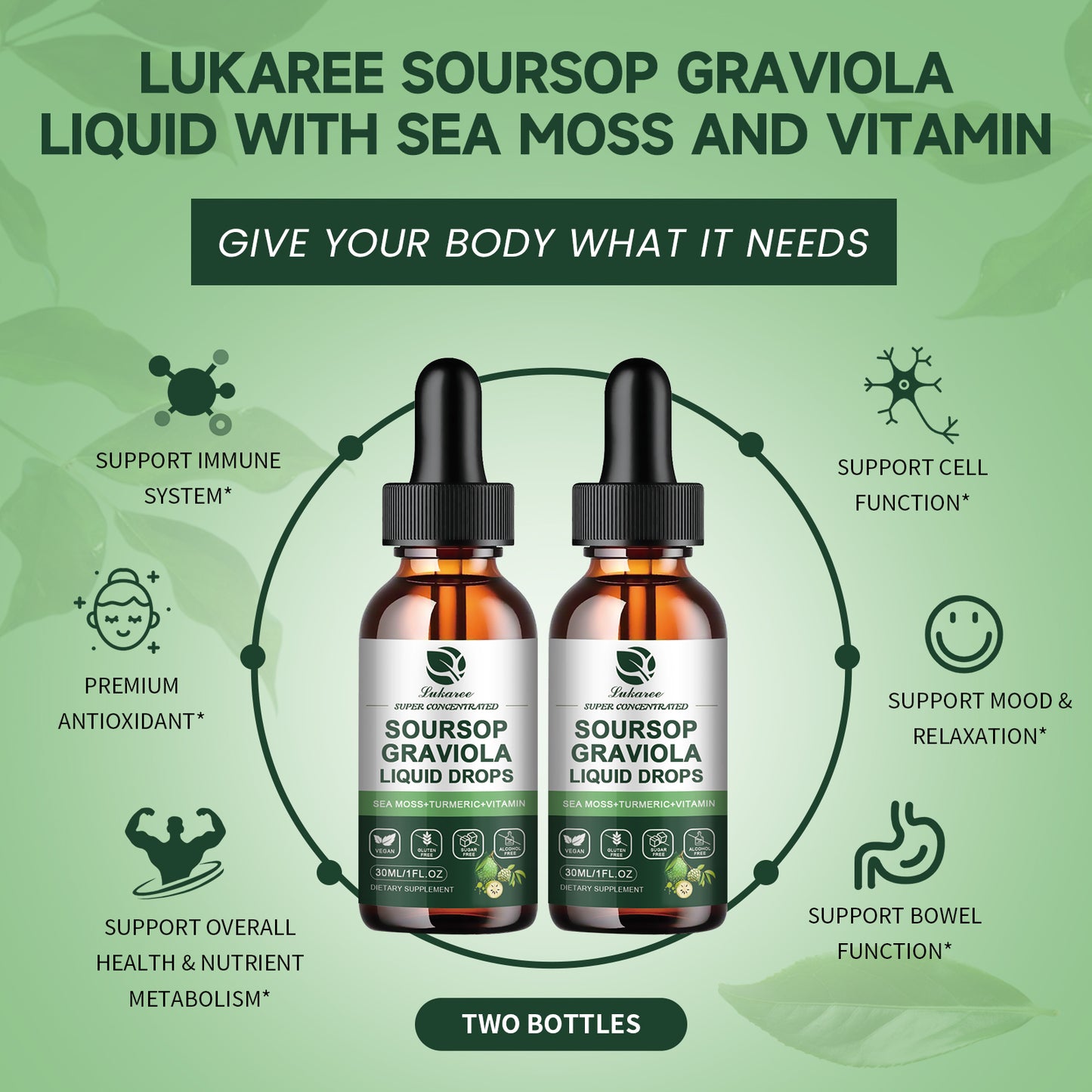 (2 Packs) Organic Soursop Graviola Extract Liquid Drop Plus Pure Botanical Sea Moss for Cell Support & Regeneration, Immunity, Liver, Sleep & Antioxidant - 7-in-1 Soursop Bitters Liquid, 1 Fl Oz