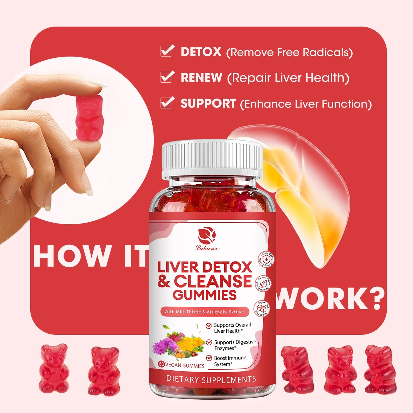 Liver Cleanse Detox & Repair Gummies - 24 Potent Herb w/ 1000mg Milk Thistle Silymarin, Dandelion, Artichoke Extract & Elderberry - No Sugar, Raspberry Flavor -60 Count
