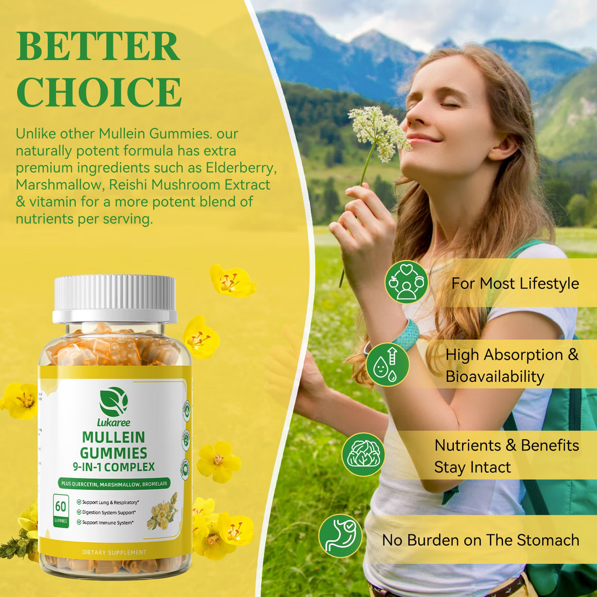 (2 Pack)Mullein Gummies for Lungs – Mullein Supplement with Quercetin, Elderberry for Respiratory & Immune Support, Lung Breathing & Detox, 60 Pineapple Gummies