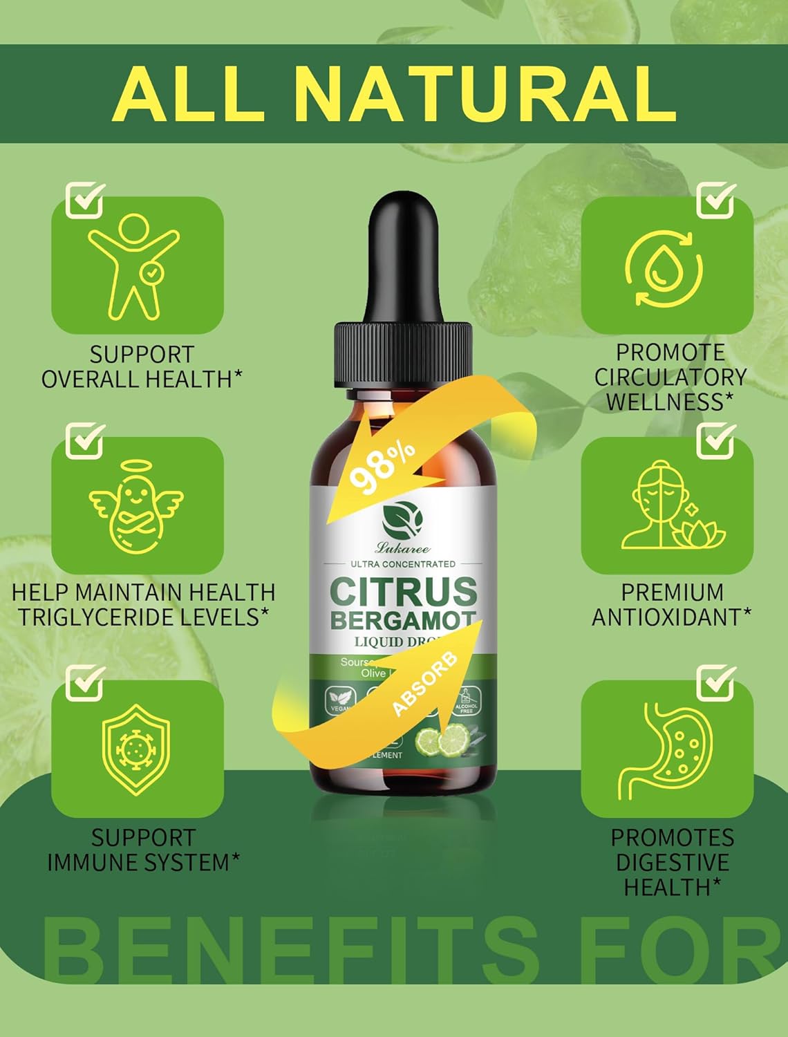 Lukaree Citrus Bergamot Liquid Drops – 6-Herb Heart, Natural Cholesterol & Heart Health Support