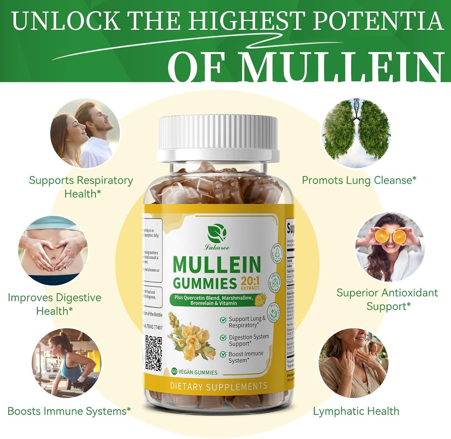 9 in 1 Mullein Gummies for Lung Cleanse, Mullein Leaf Extract with Quercetin, Bromelain, Elderberry & Marshmallow for Respiratory & Immune | 120 Vegan Count (2-Pack)