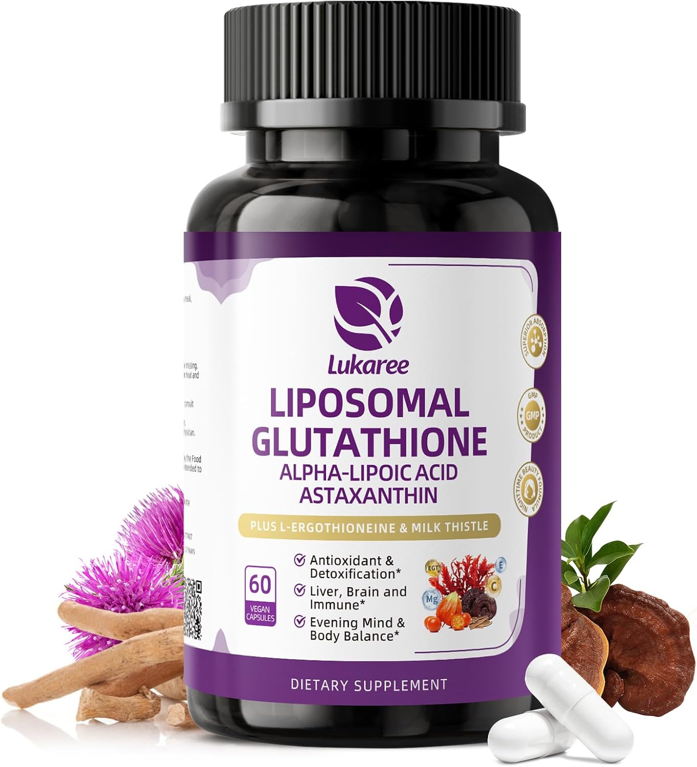 LUKAREE Liposomal Glutathione 500mg – Nighttime Skin Brightening & Liver Detox Support | 15-in-1 Vegan Antioxidant Complex