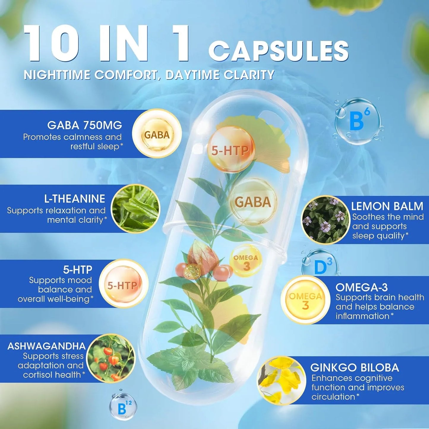 Ultimate 10-in-1 GABA & Ashwagandha Complex | Natural Stress Relief, Cortisol Balance, and Non-Melatonin Sleep Aid