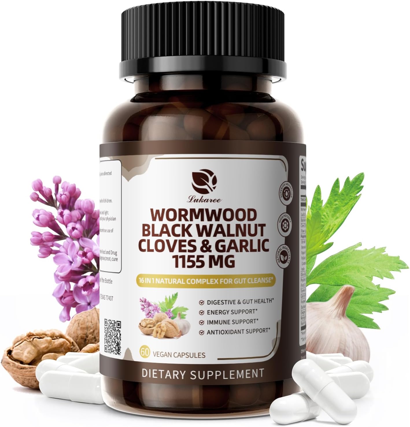 Lukaree 16-in-1 Wormwood & Black Walnut Capsules | Gut Cleanse, Detox & Digestive Health Support – 1155mg