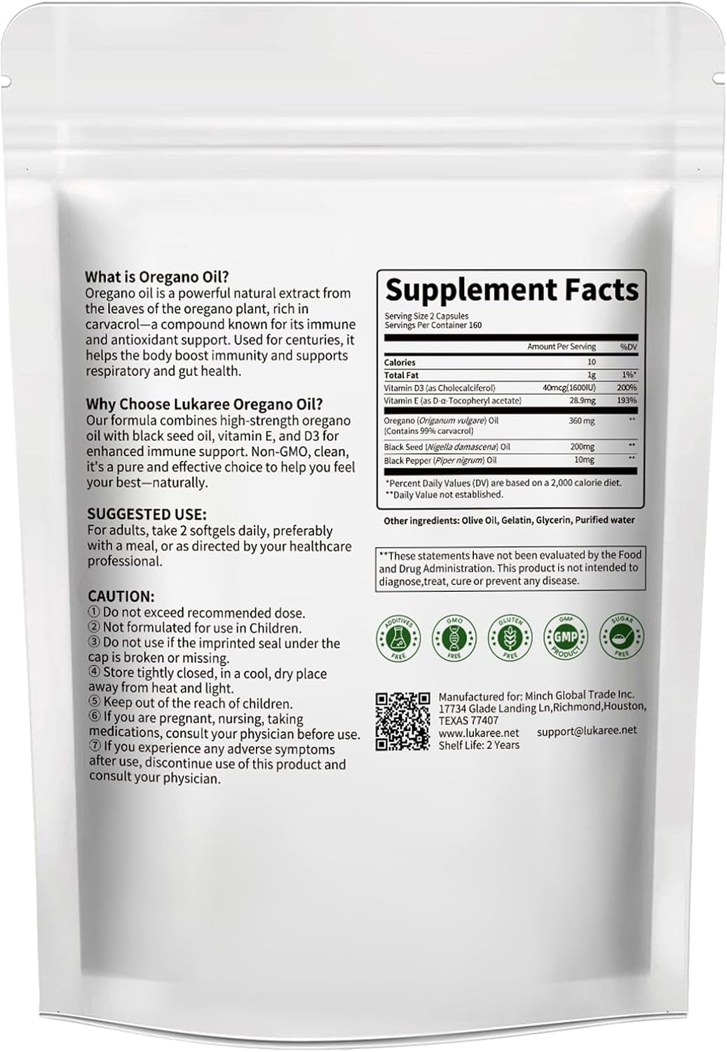 Lukaree 5-IN-1 Oil of Oregano Softgels with Black Seed Oil / Vitamin D3/E, 99% Carvacrol | Thymoquinone 320 Count, Supports Immune/Gut/Respiratory