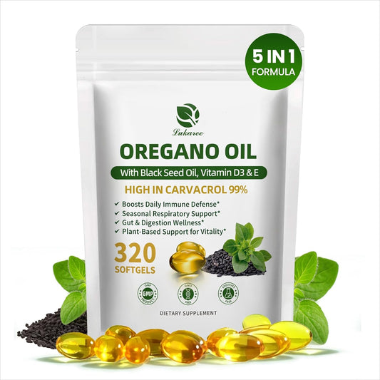 Lukaree 5-IN-1 Oil of Oregano Softgels with Black Seed Oil / Vitamin D3/E, 99% Carvacrol | Thymoquinone 320 Count, Supports Immune/Gut/Respiratory