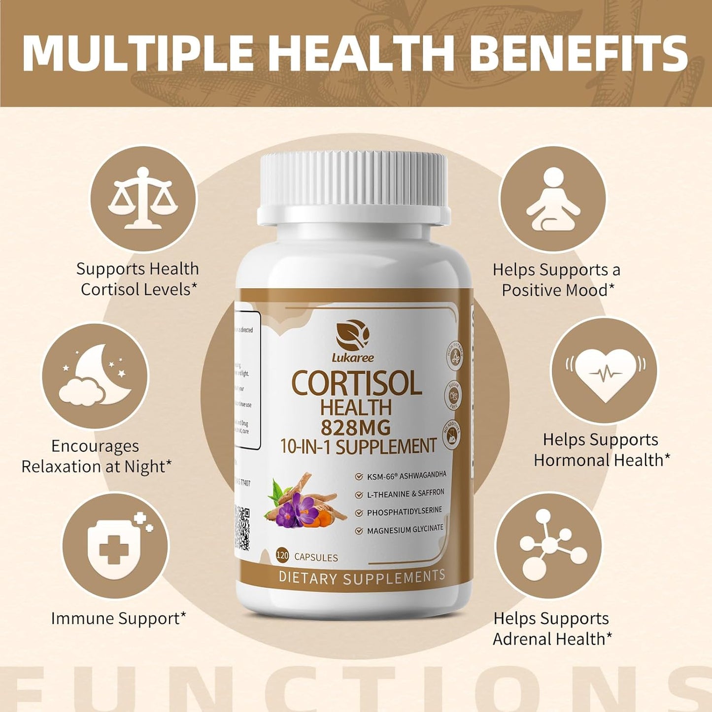 10-in-1 Cortisol Support Supplement with KSM-66® Ashwagandha & L-Theanine – Stress, Calm & Balance for Women & Men