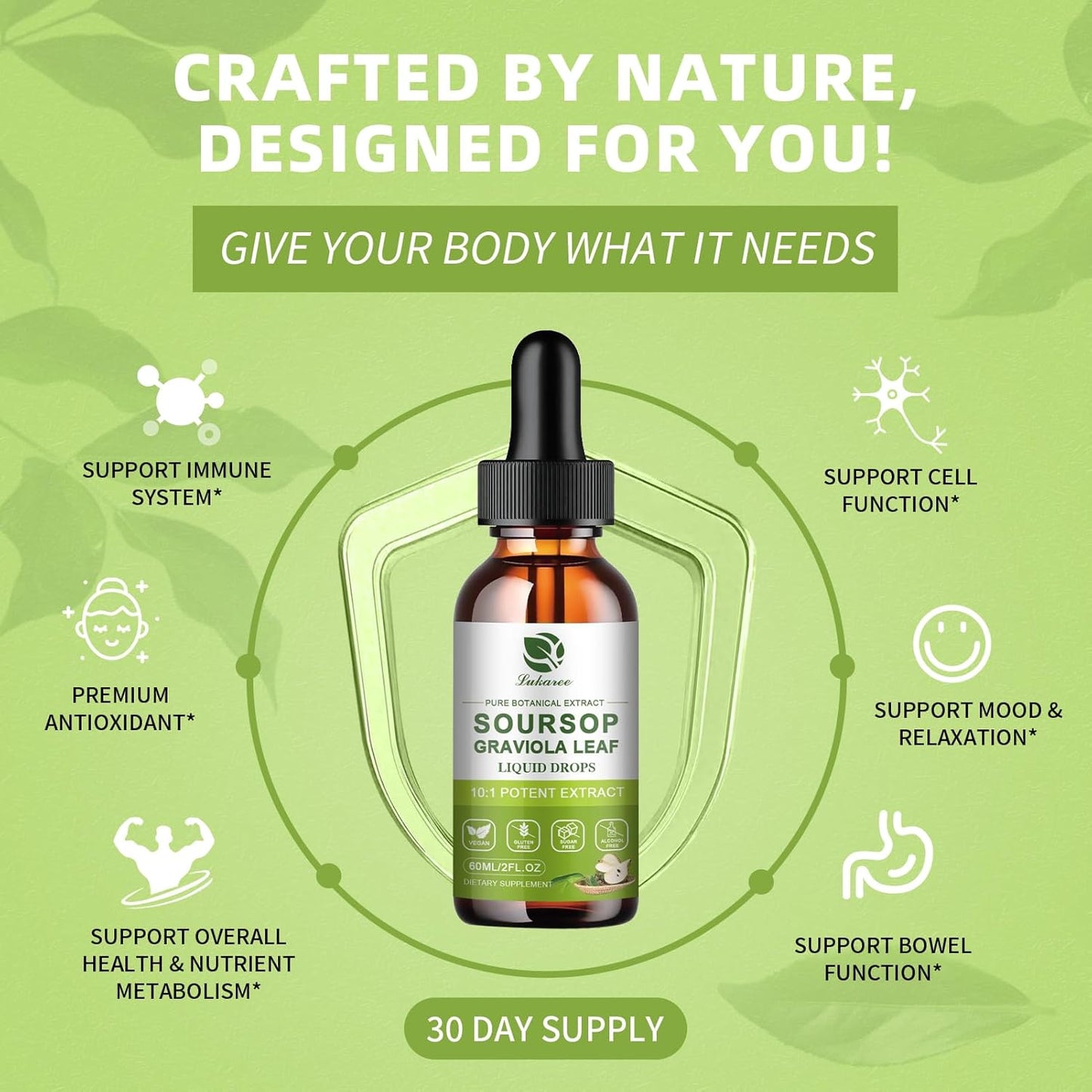 Lukaree Pure Soursop Leaves Extract, 10X Concentrated Graviola Soursop Bitters Liquid Drop for Immune Digestive Energy, Cold-Extracted with High Potency