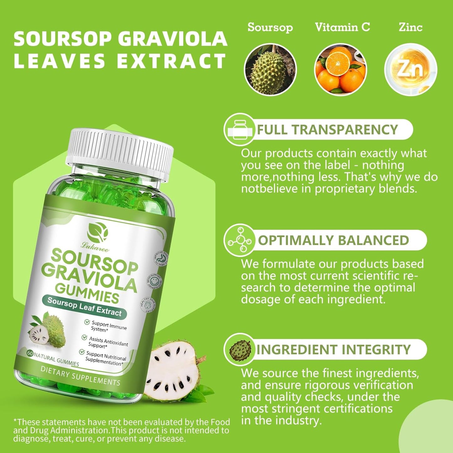 Soursop Graviola Gummies - Soursop Leaves Extract w/Vitamin C, Zinc & Whole Natural Food