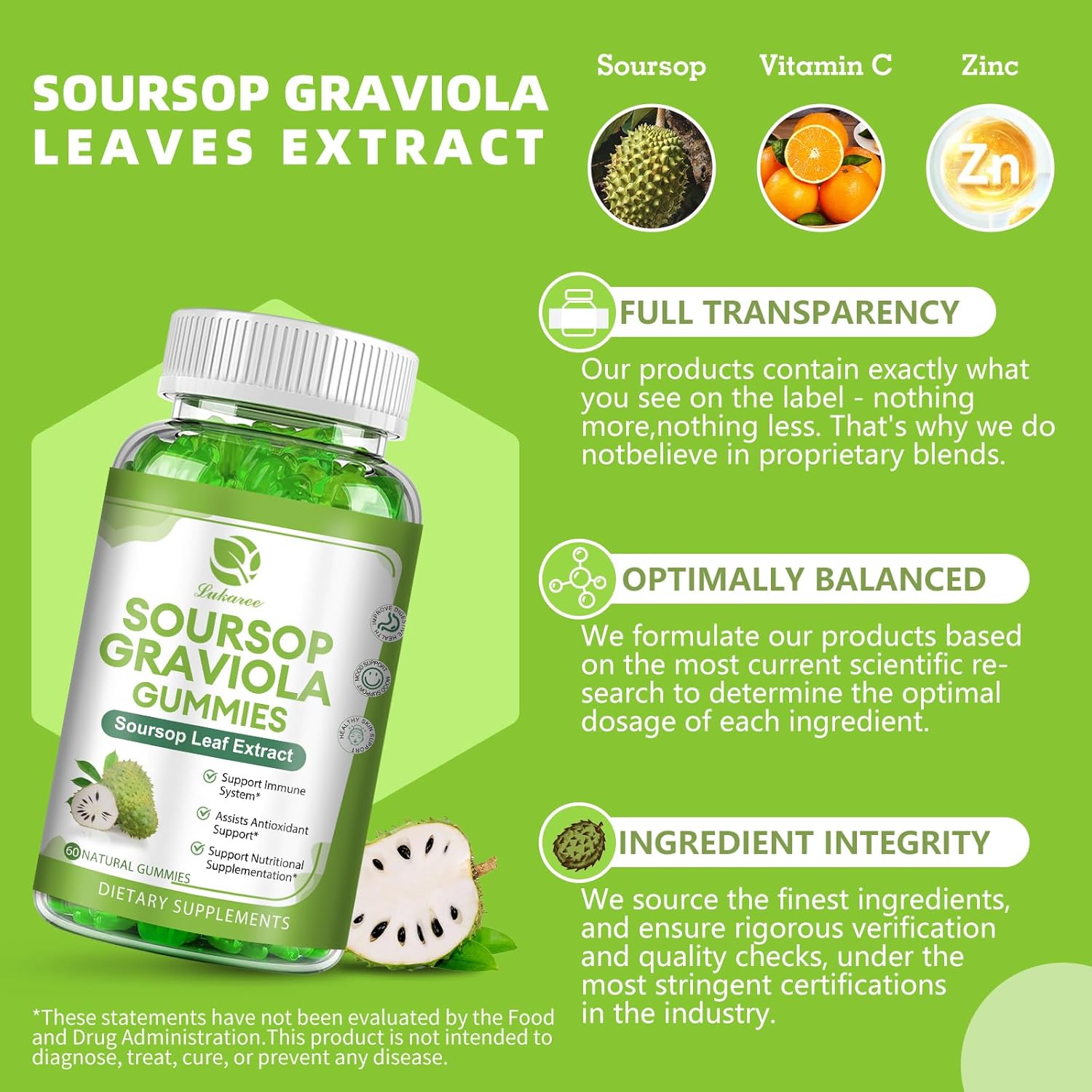 Soursop Graviola Gummies - Soursop Leaves Extract w/Vitamin C, Zinc & Whole Natural Food