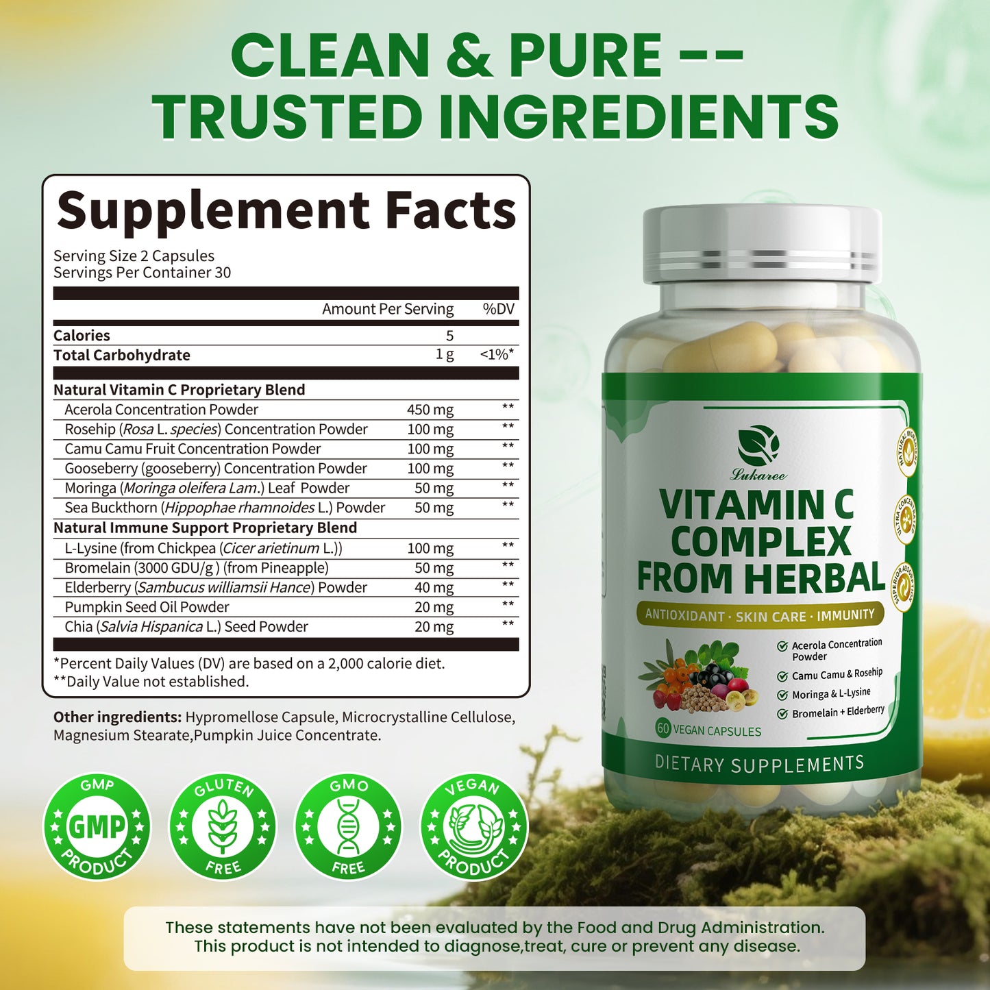 Lukaree Whole-Food Vitamin C Supplement, 6 High-Potency Herbal Vitamin C Complex with L-Lysine for Natural Collagen Production, Skin & Immune Support