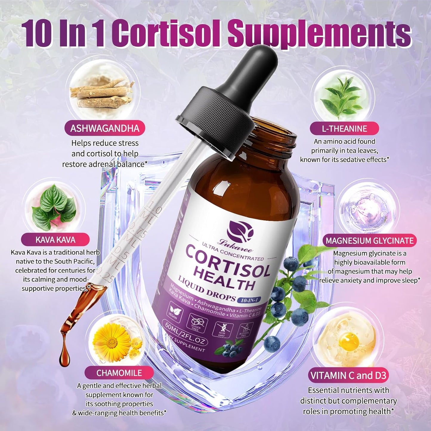 10 in 1  Cortisol Supplement Liquid Drops Hormone Balance, Blueberry Flavor