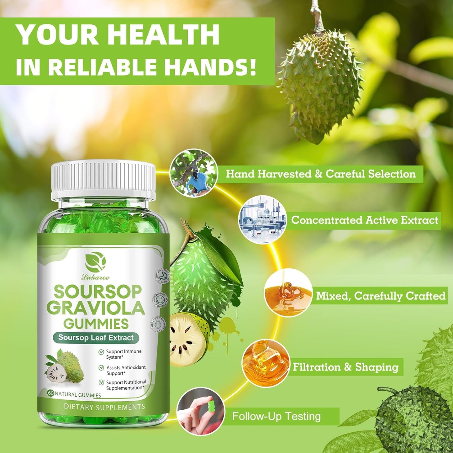 (2 Packs) Soursop Graviola Gummies - Soursop Leaves Extract w/Vitamin C, Zinc & Whole Natural Food for Immunity, Liver, Sleep & Antioxidant, Gluten Free, Vegan, 120 Gummies