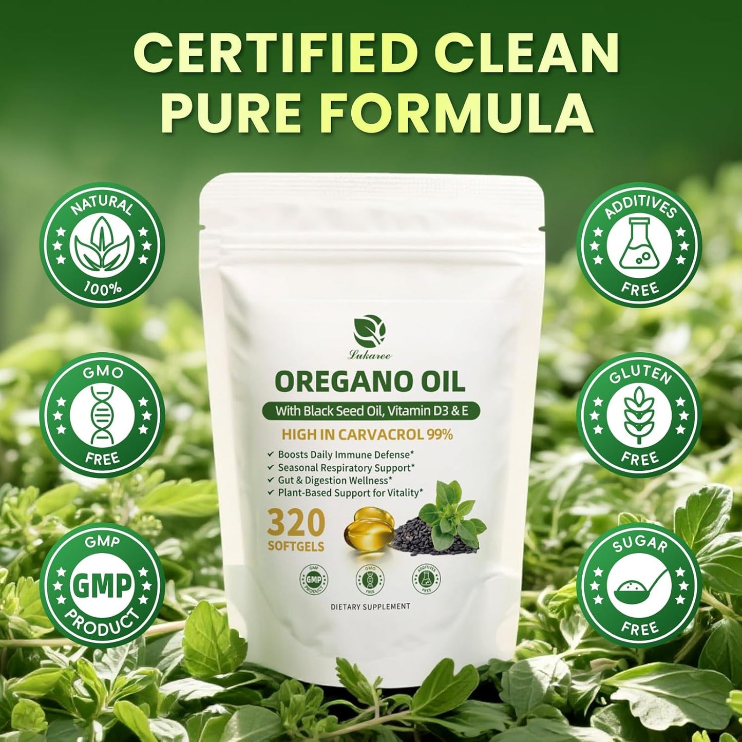 Lukaree 5-IN-1 Oil of Oregano Softgels with Black Seed Oil / Vitamin D3/E, 99% Carvacrol | Thymoquinone 320 Count, Supports Immune/Gut/Respiratory