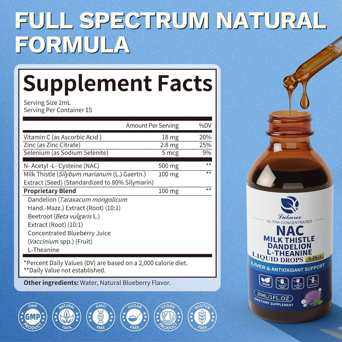 Lukaree Liposomal NAC Supplement N-Acetyl-L-Cysteine 600mg with Milk Thistle - NAC Amino Acid Drops w/Selenium for Liver & Kidney Support, Lung, Antioxidants & Immune Support- 2oz