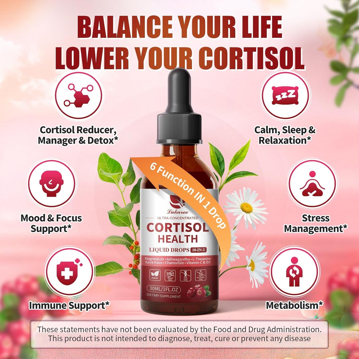 Hormone balance liquid drops for stress relief, mood and focus, cranberry flavor