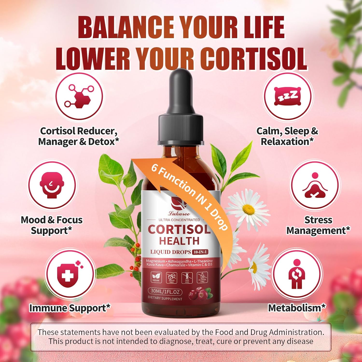 Hormone balance liquid drops for stress relief, mood and focus, cranberry flavor