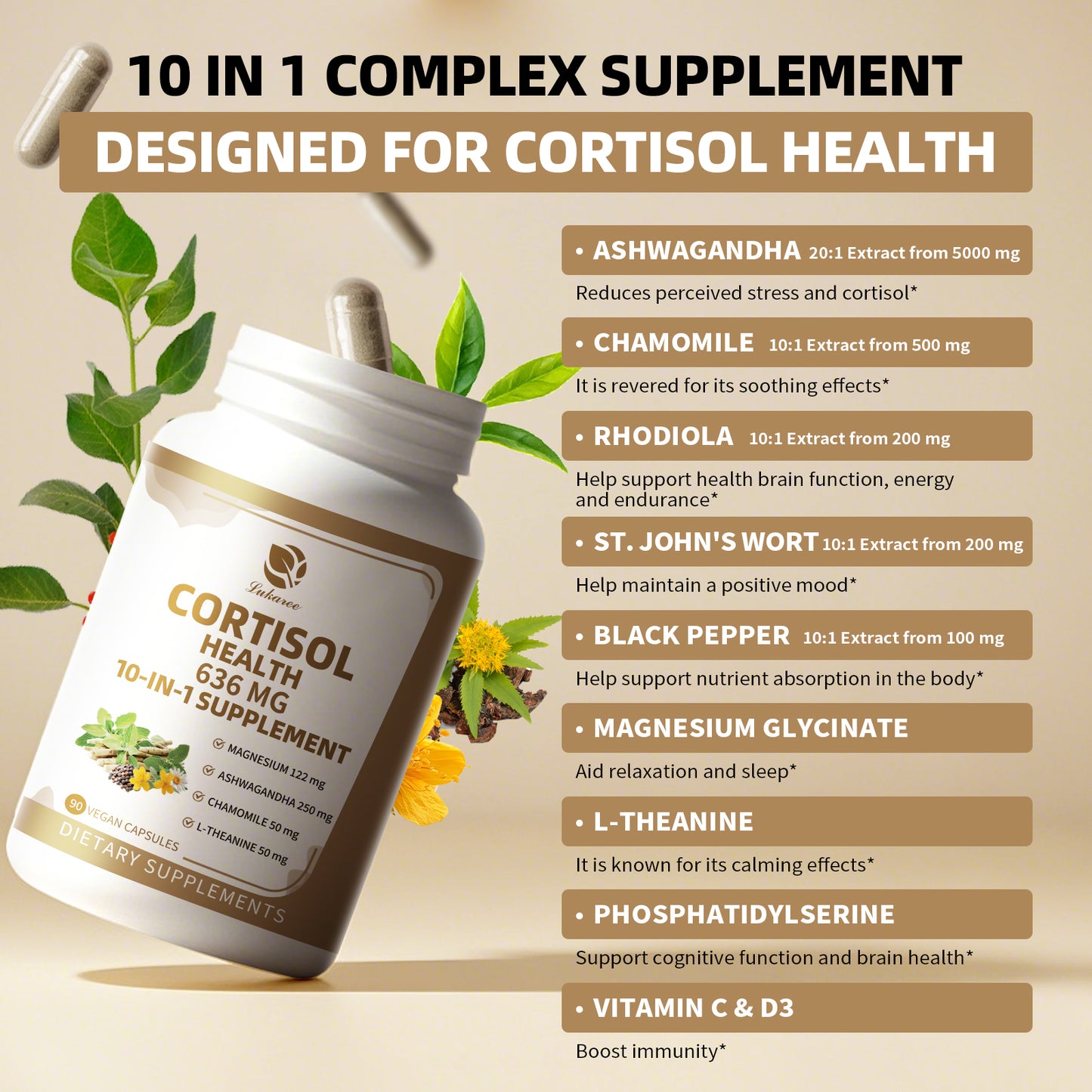 (2 Pack)Cortisol Supplements with Magnesium, Ashwagandha, Chamomile, L-Theanine, Phosphatidylserine, Rhodiola, Vitamin C & D3, for Women Men
