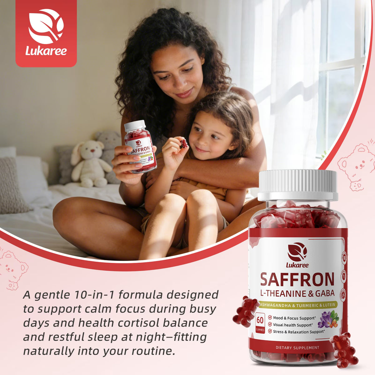 Lukaree Saffron Gummies with L-Theanine & GABA, Ashwagandha, Turmeric, Lutein & Zeaxanthin for Mood, Focus & Eye Support, 60 Vegan Gummies