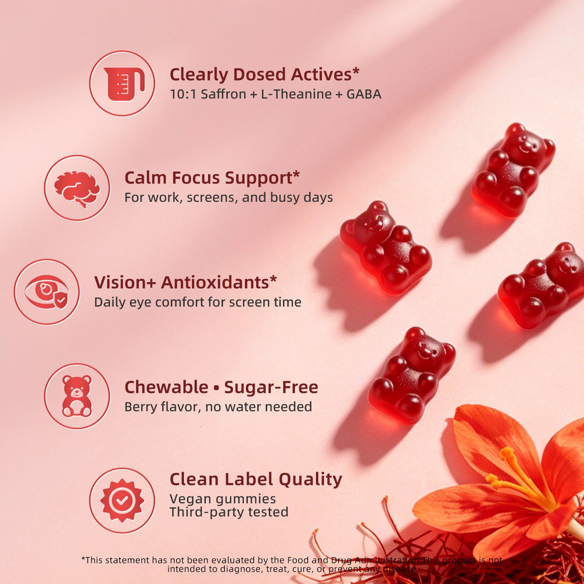 Lukaree Saffron Gummies with L-Theanine & GABA, Ashwagandha, Turmeric, Lutein & Zeaxanthin for Mood, Focus & Eye Support, 60 Vegan Gummies
