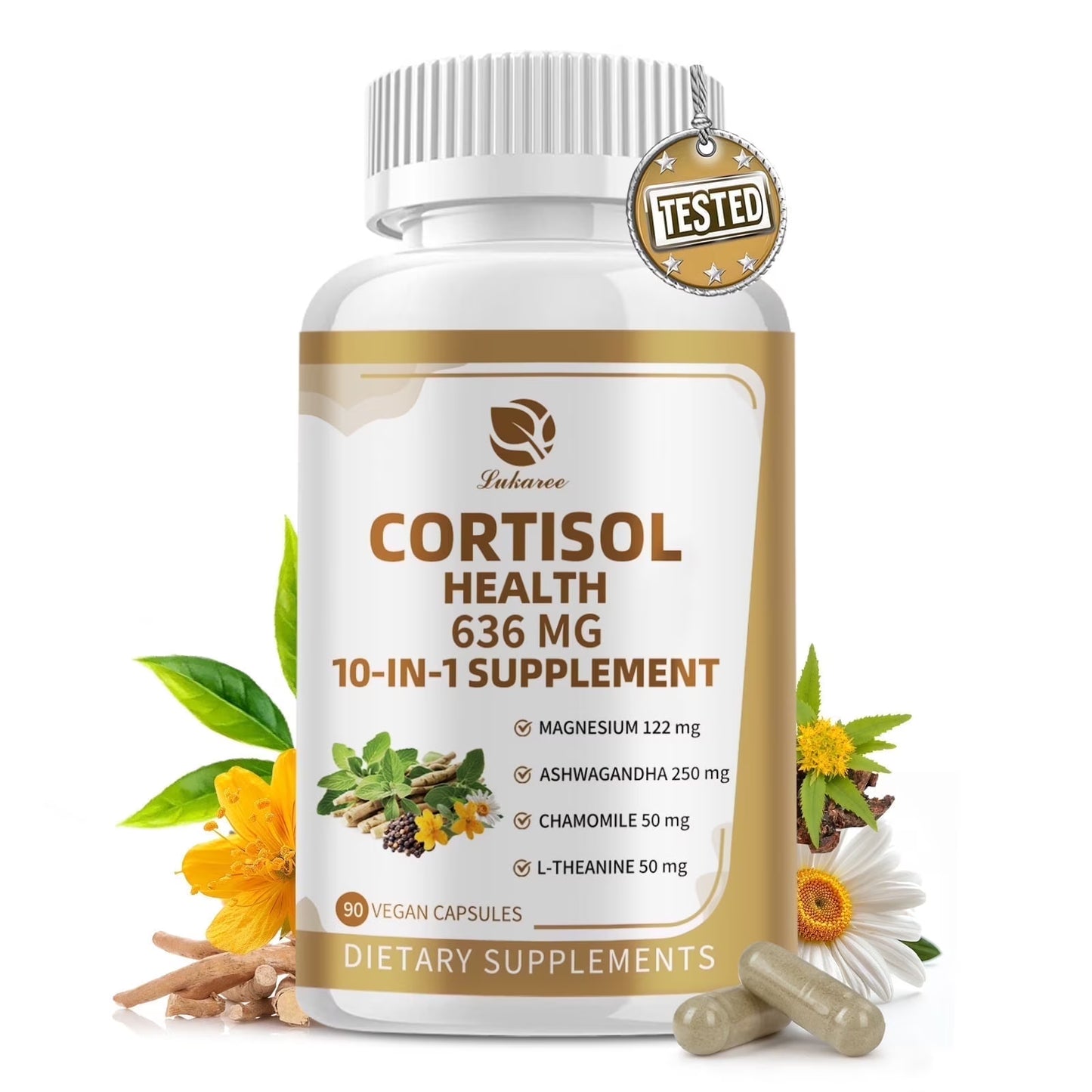 Cortisol Supplements with Magnesium, Ashwagandha, Chamomile, L-Theanine, Phosphatidylserine, Rhodiola, Vitamin C & D3, for Women Men, 90 Vegan Capsules
