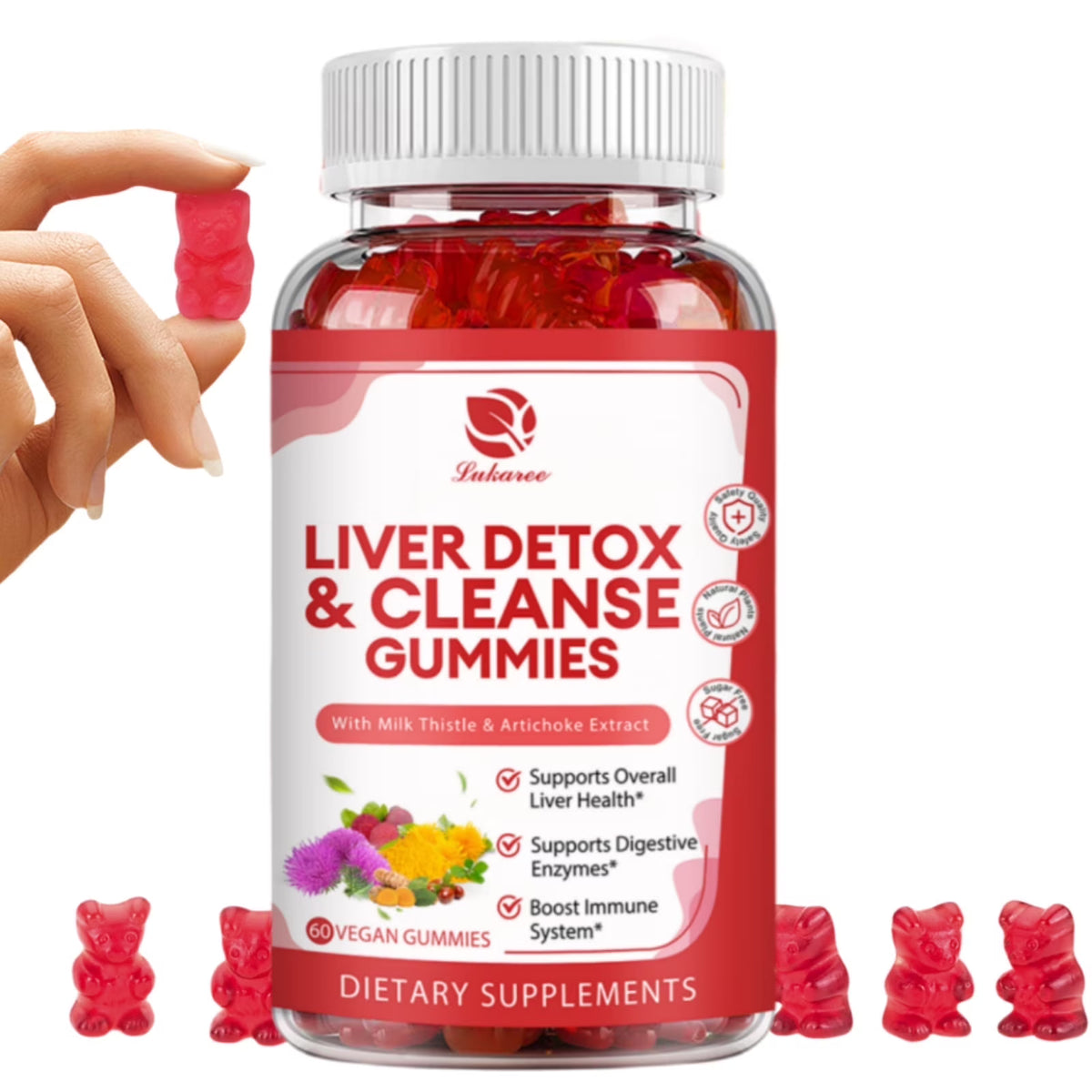 Liver Detox Cleanse & Repair Gummies - 24 Potent Herb w/ 1000mg Milk Thistle Silymarin, Dandelion, Artichoke Extract & Elderberry - No Sugar, Raspberry Flavor -60 Count