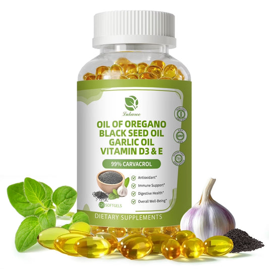Pure Oregano Oil Softgels, Oil of Oregano with Black Seed Oil, Garlic Oil, Vitamin D3 E for Immune Heart Digestive Support - Antioxidant Supplement Softgels for Bone Health & Energy Boost