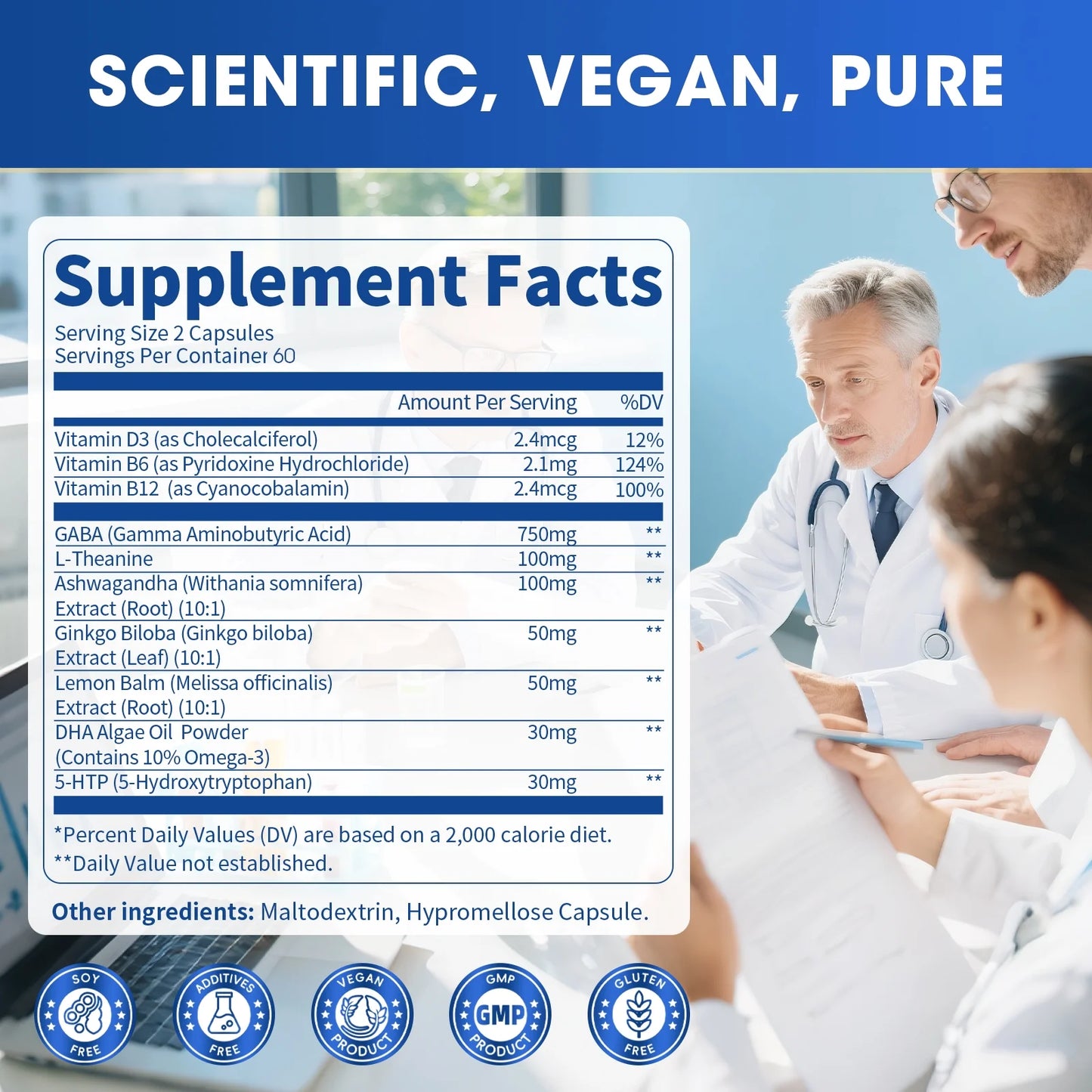 (2 PACK)GABA Supplements 750mg with L-Theanine, 5-HTP, Ashwagandha, Lukaree GABA Capsules for Sleep, Focus, Mood Support, Cortisol Balance - 120 Day Supply