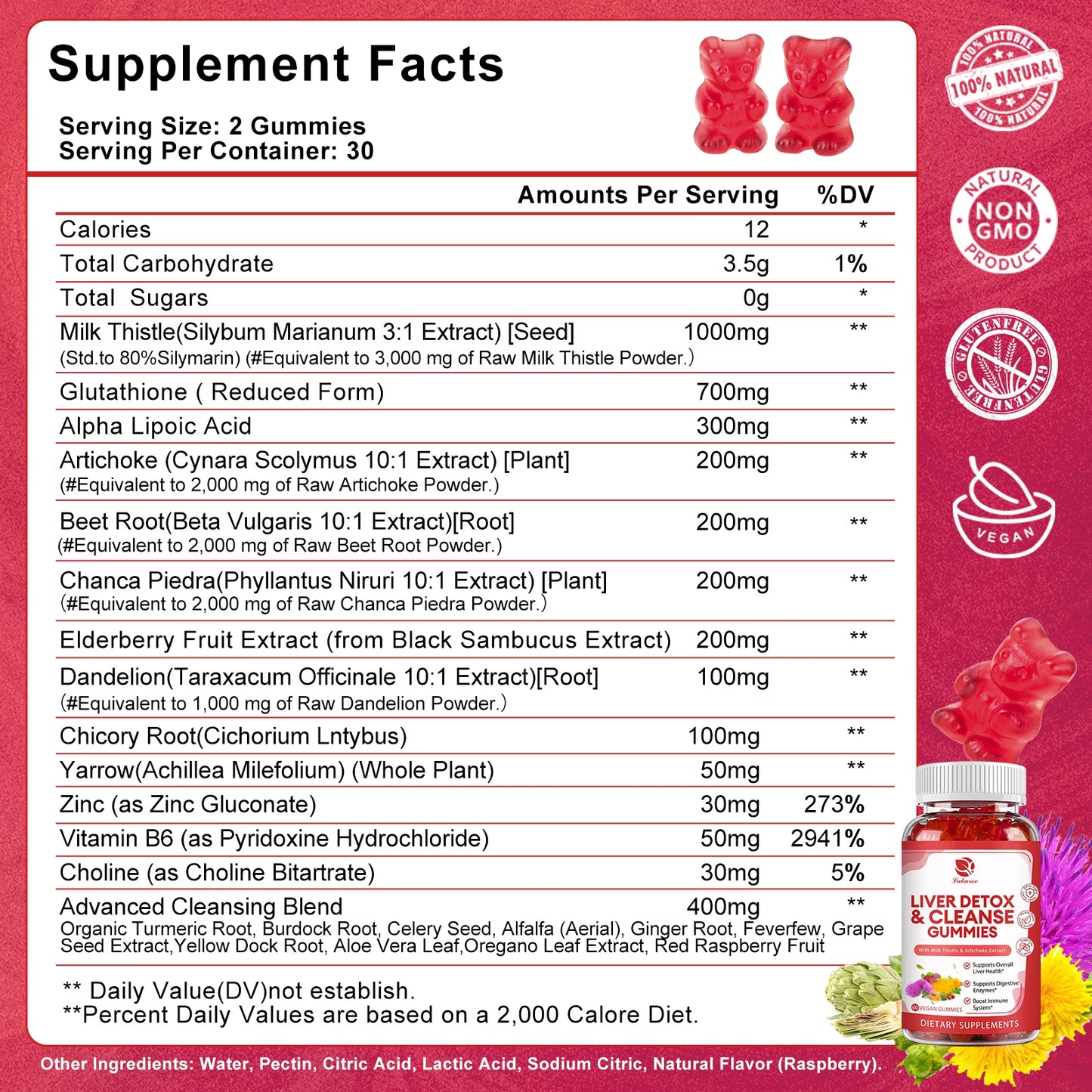 Liver Detox Cleanse & Repair Gummies - 24 Potent Herb w/ 1000mg Milk Thistle Silymarin, Dandelion, Artichoke Extract & Elderberry - No Sugar, Raspberry Flavor -120 Count