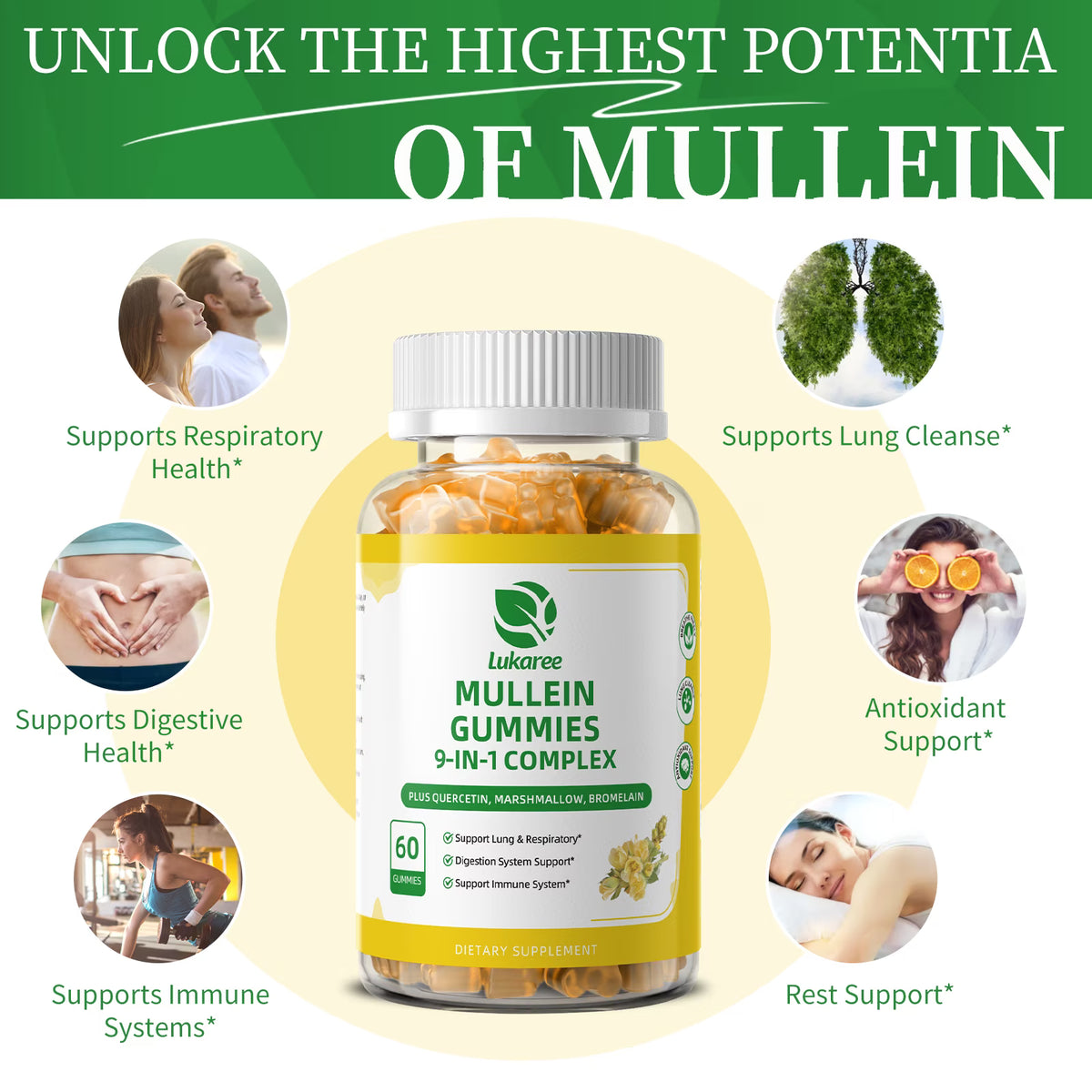 (2 Pack)Mullein Gummies for Lungs – Mullein Supplement with Quercetin, Elderberry for Respiratory & Immune Support, Lung Breathing & Detox, 60 Pineapple Gummies