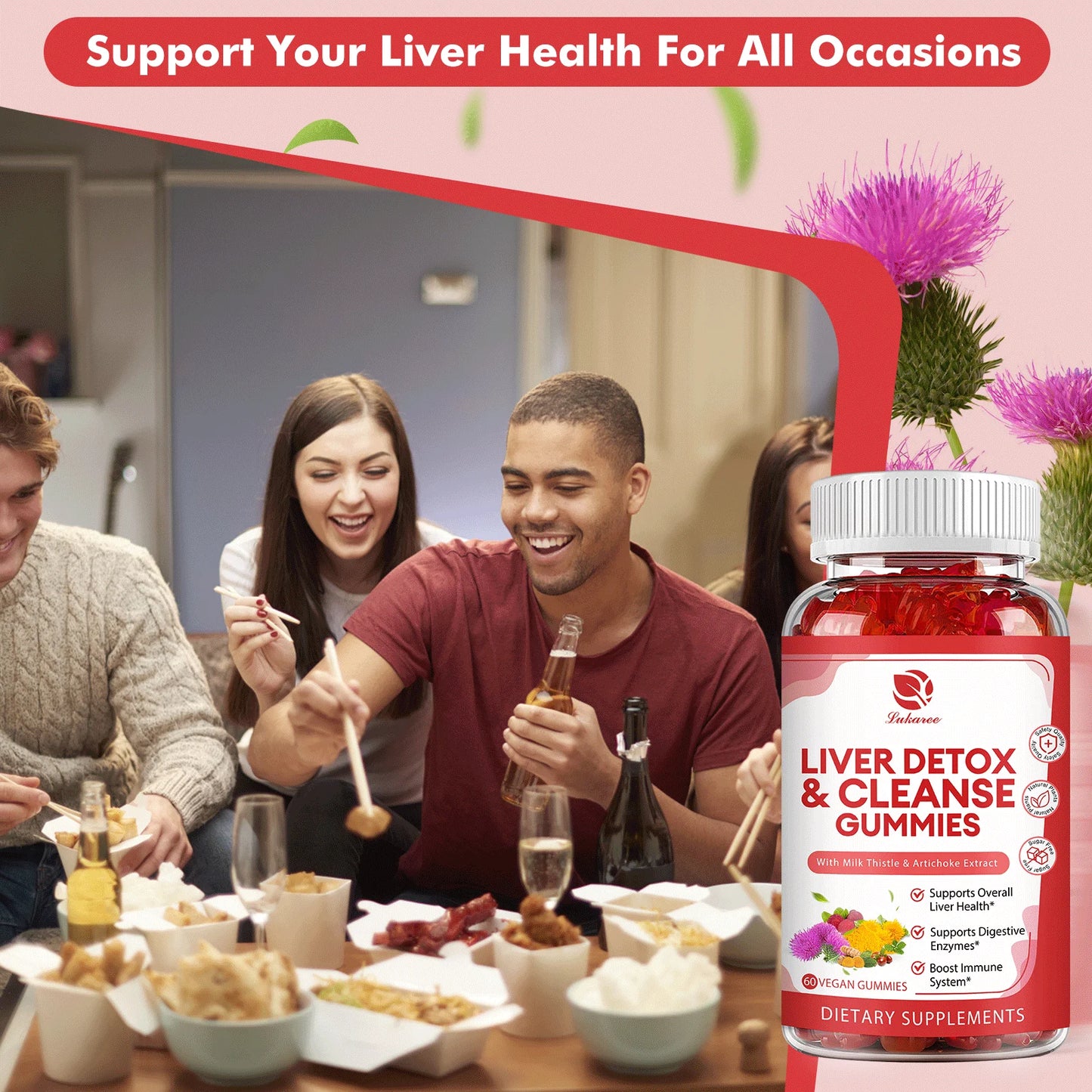 Liver Cleanse Detox & Repair Gummies - 24 Potent Herb w/ 1000mg Milk Thistle Silymarin, Dandelion, Artichoke Extract & Elderberry - No Sugar, Raspberry Flavor -60 Count