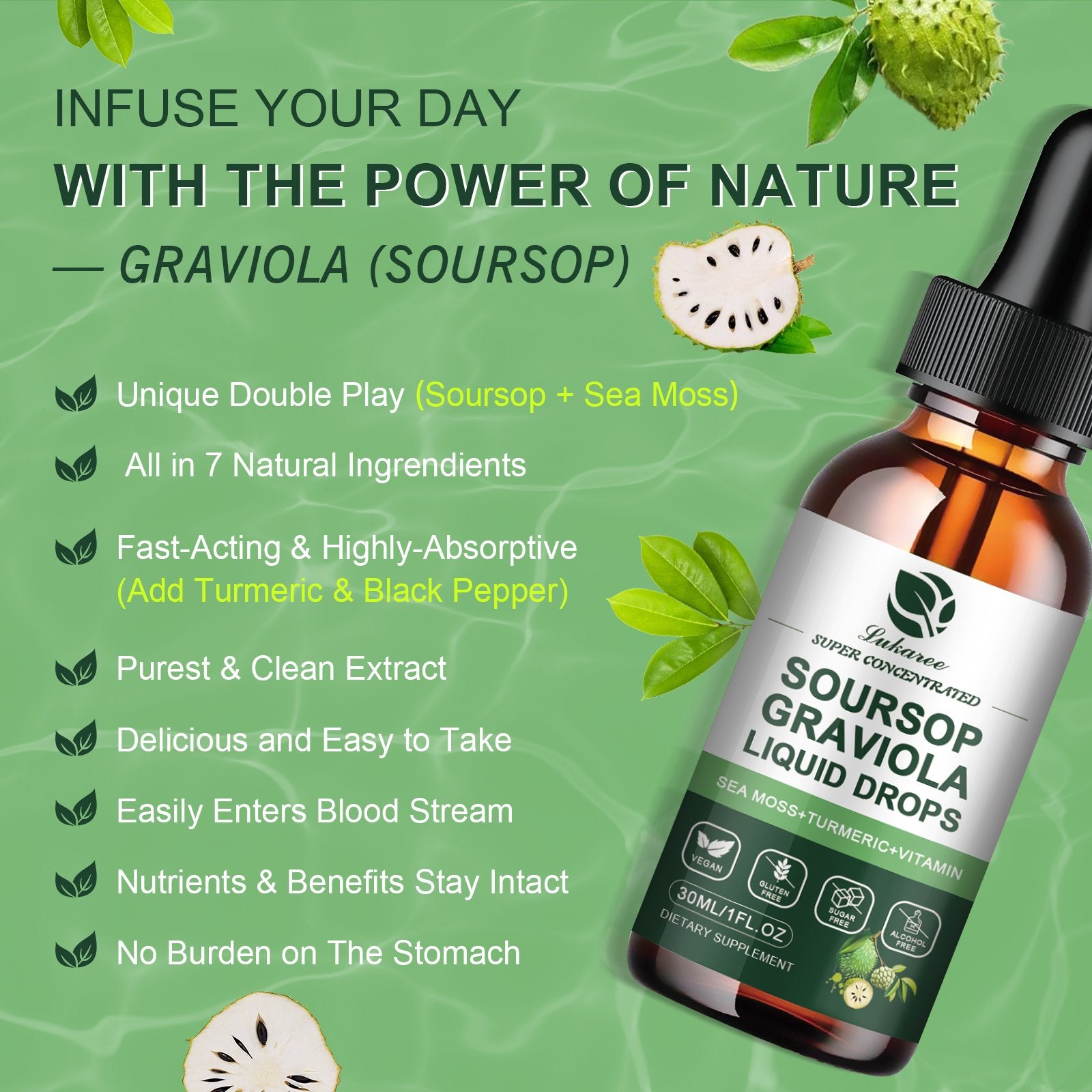 Lukaree Soursop Graviola Liquid Drops with Sea Moss for Cellular Regeneration, Immune, Liver, Sleep & Antioxidant Support